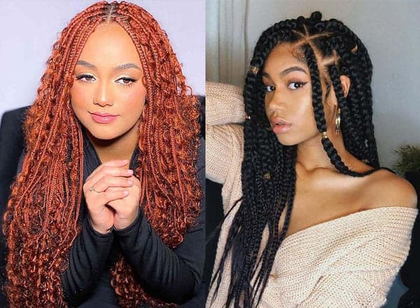 Two clients wearing boho box braids, one in copper tone and one in natural black